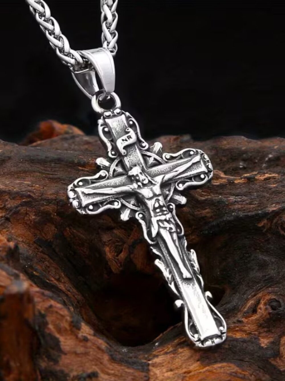 24" Mens 14K White Gold Large Cross Pendant Franco Chain Necklace Silver Jewelry